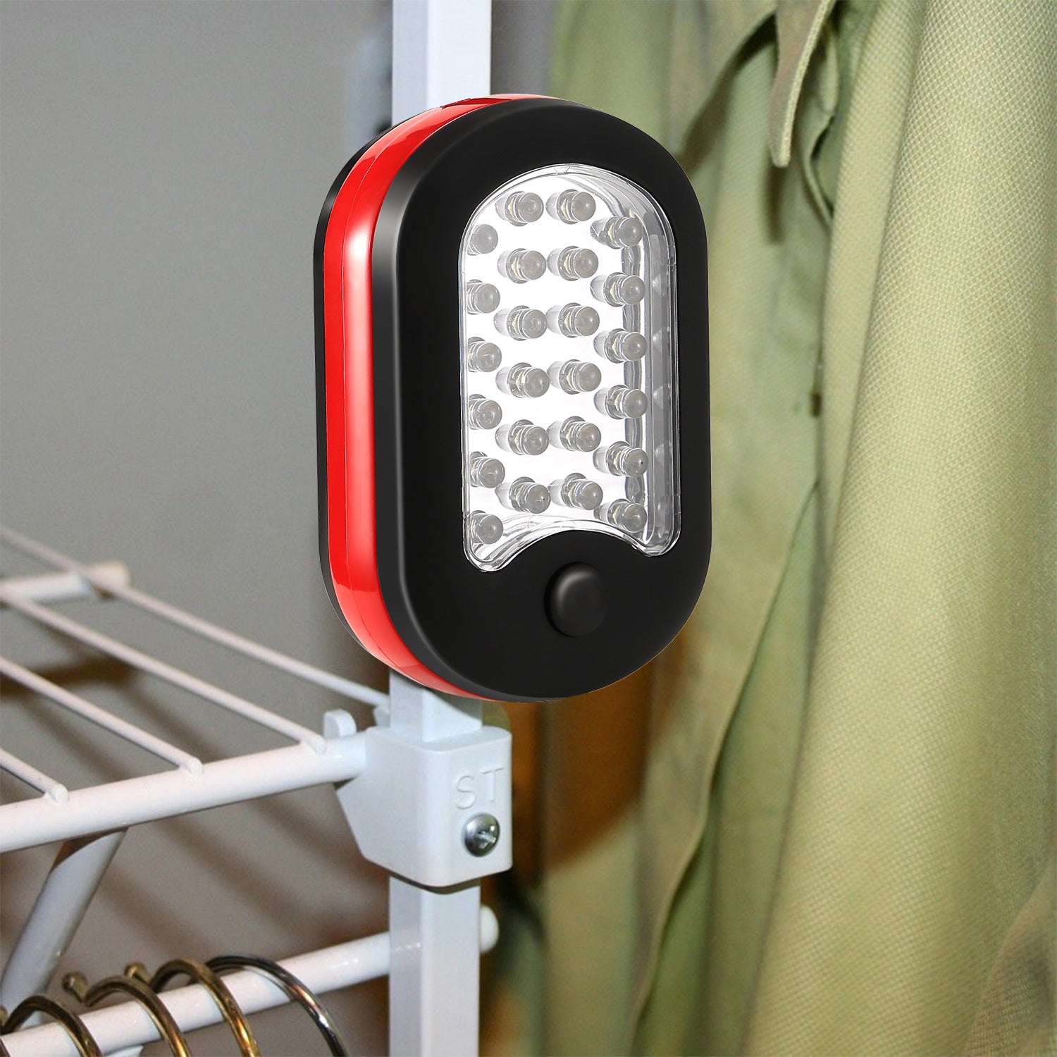 Mounted LED work light with 360° hook, red and black body, bright white LED panel