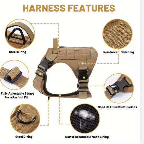 Tan tactical dog harness vest with reinforced stitching and adjustable straps