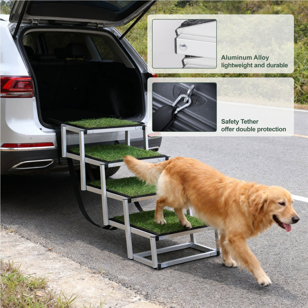 Golden dog walking on foldable car ramp with black non-slip steps and safety tether