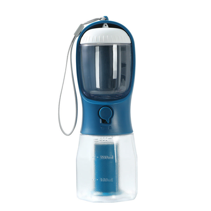 3-in-1 portable pet travel cup with blue body and clear top chamber, wrist strap