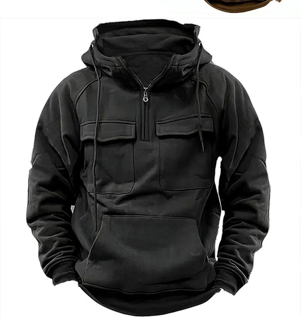 Black zip-up hoodie with hood, front zip, flap chest pockets, kangaroo pocket