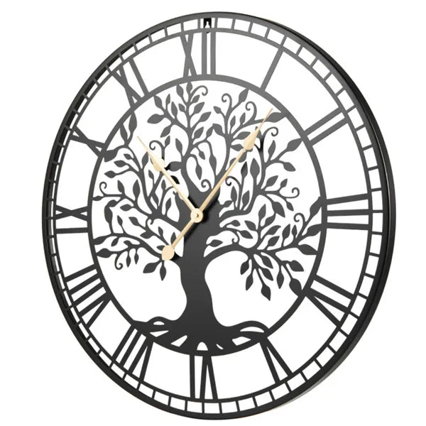 Tree of Life wall clock with Roman numerals, black frame, and gold hour and minute hands
