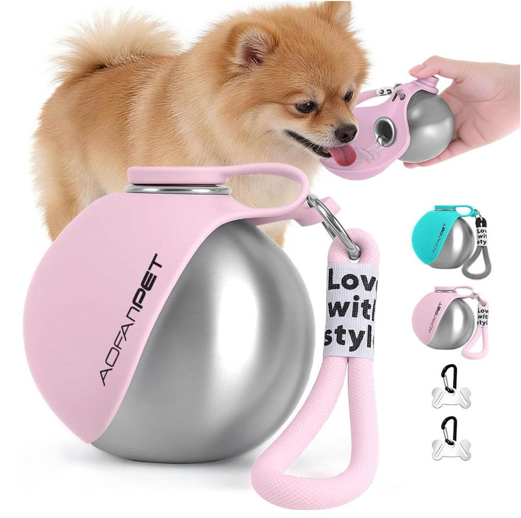 Soft mist pink stainless steel pet water cup with handle and waste bag dispenser, with pink leash.