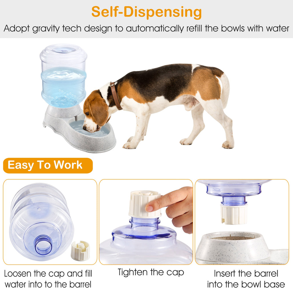 Self-dispensing gravity pet water dispenser with clear reservoir and light gray base