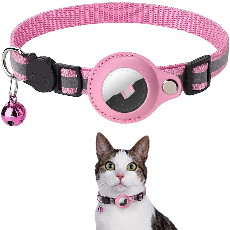Pink pet collar with waterproof AirTag holder, black buckle, and hanging bell