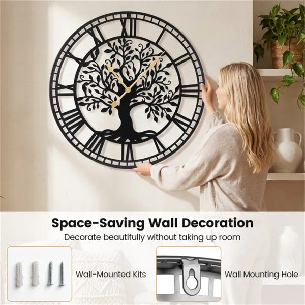 Tree of Life wall clock with tree cutout, Roman numerals, and gold hands on a wall