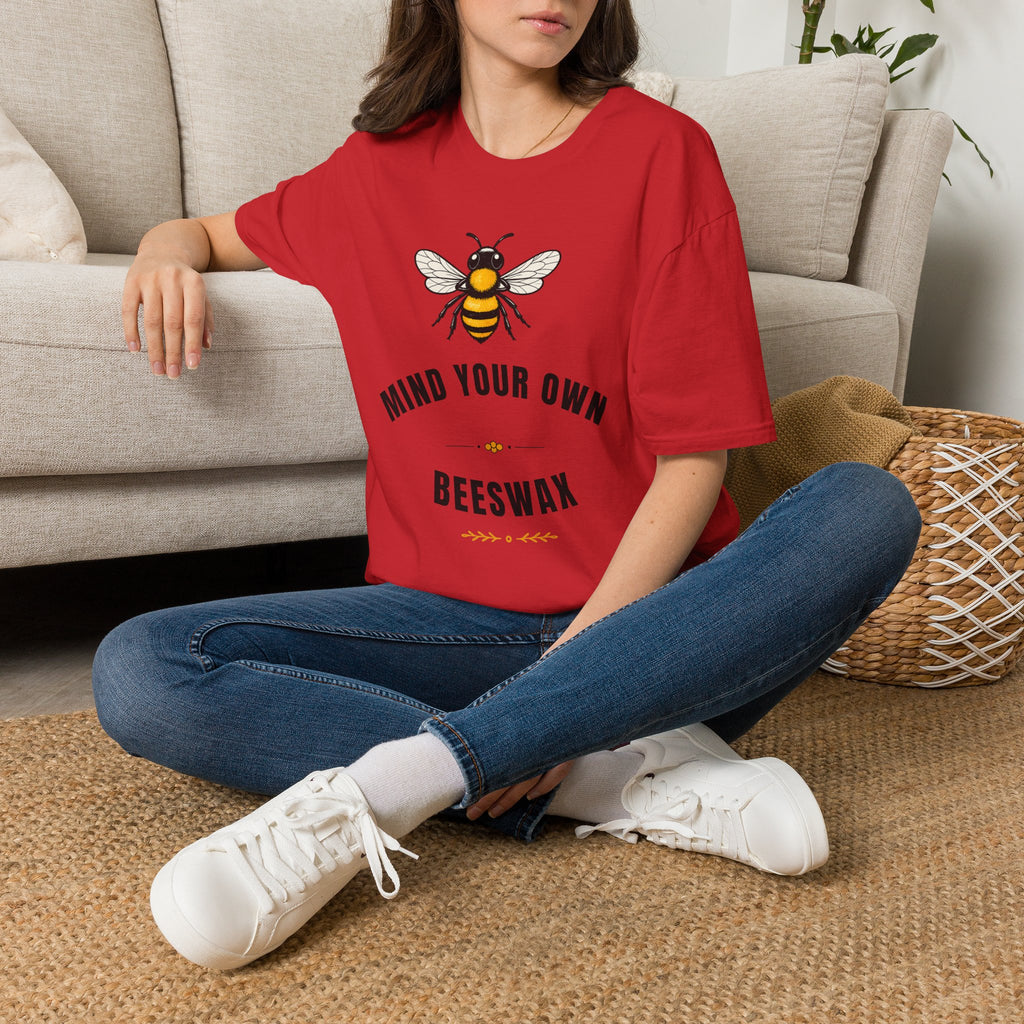 Red T-shirt with bee graphic and 'Mind your own Beeswax' text