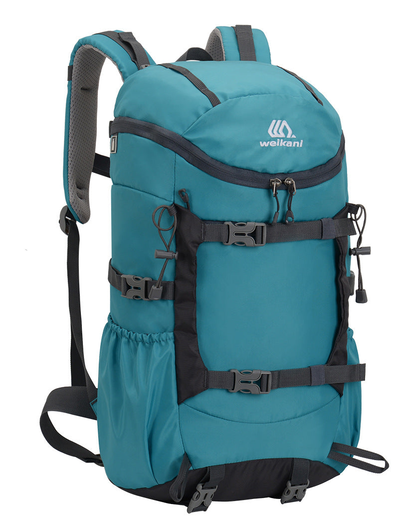 Lake blue 30L hiking backpack with front zip pocket, buckled straps, weikani logo