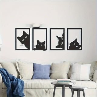 Black cat metal wall art set with four black cat silhouettes in square frames