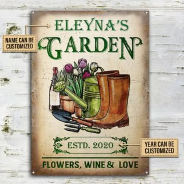 Personalized garden metal sign showing “ELE YNA’S GARDEN” title and flower-and-garden tool artwork.