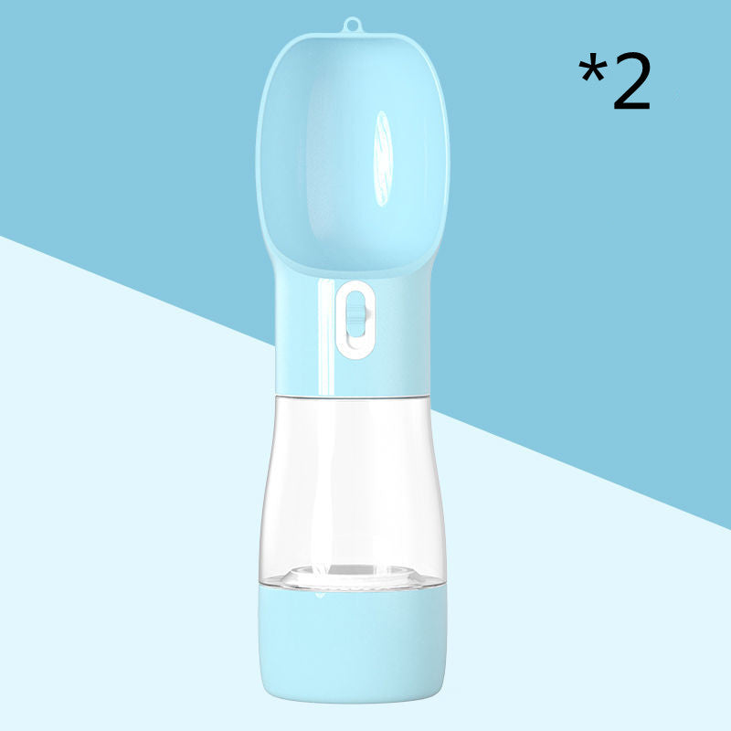 Blue 2-in-1 portable pet water and food dispenser bottle with handle