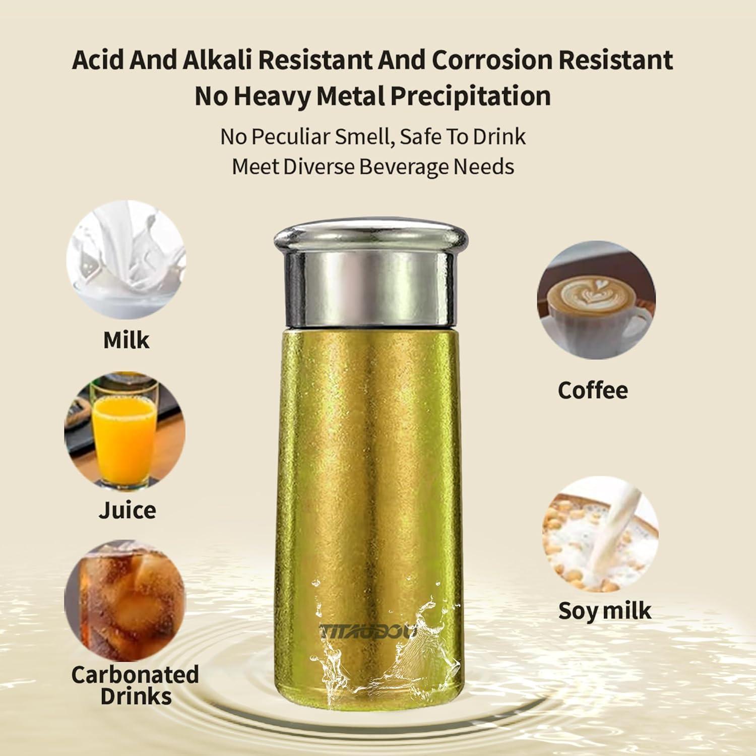 Gold vacuum insulated titanium water cup with stainless steel lid, sealed double-wall body