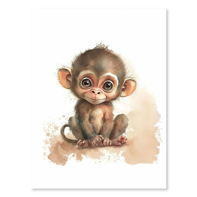 Monkey wall art print, brown baby animal with wide eyes and curled tail.