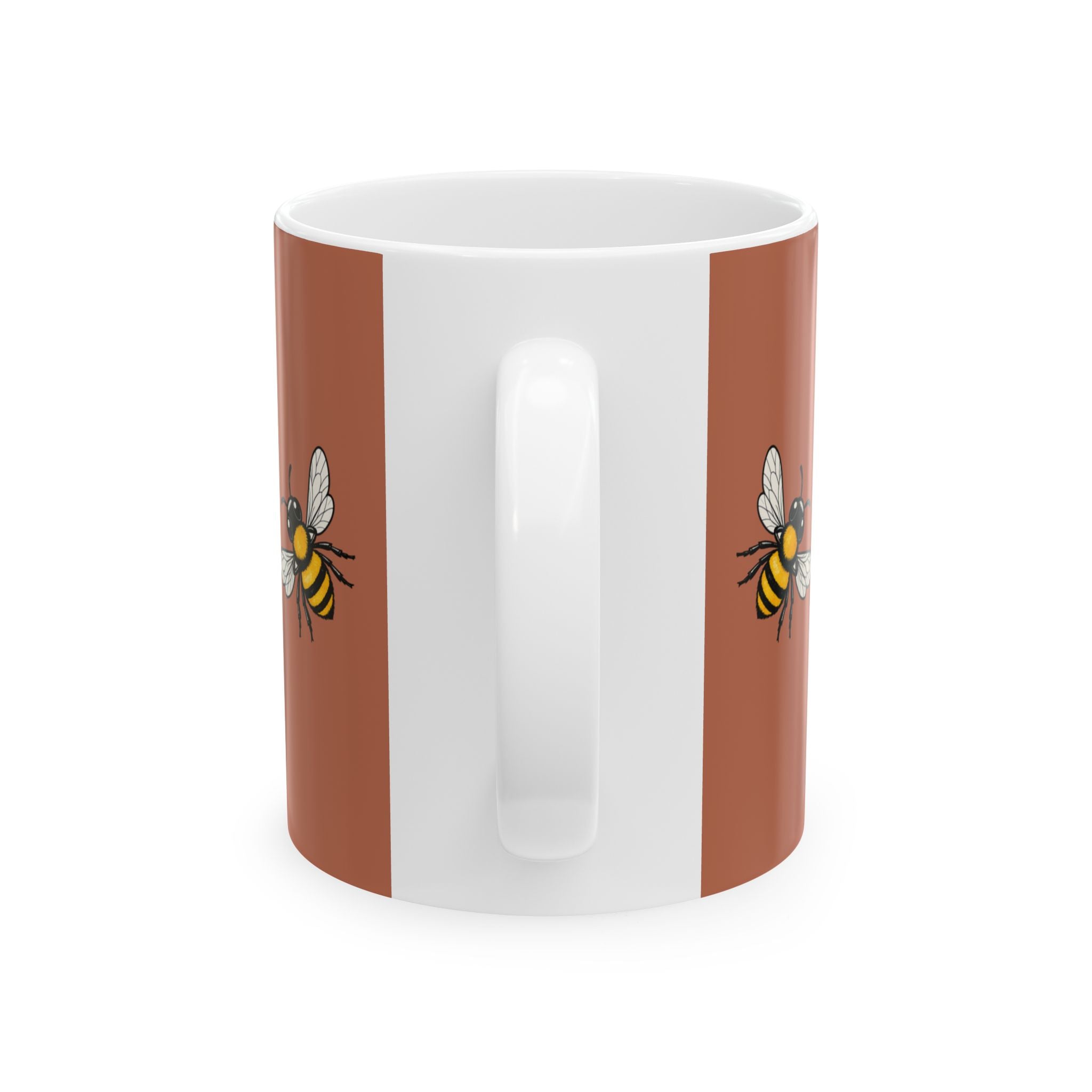 Brown-and-white mug with two side bee illustrations and a white handle