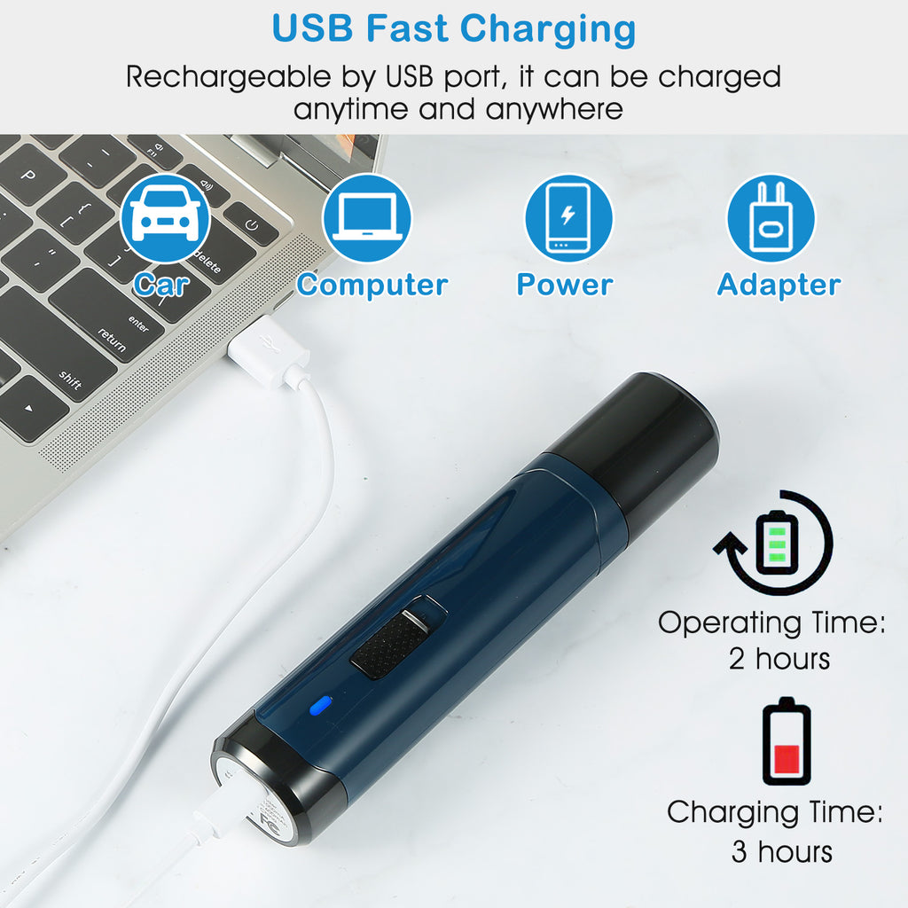Blue USB rechargeable pet nail grinder, angled view with white charging cable