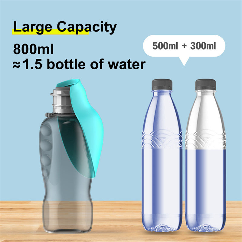 Foldable dog water bottle with teal fold-out bowl next to two water bottles