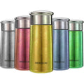 Set of vacuum insulated titanium water cups: silver, pink, gold, light blue, and green