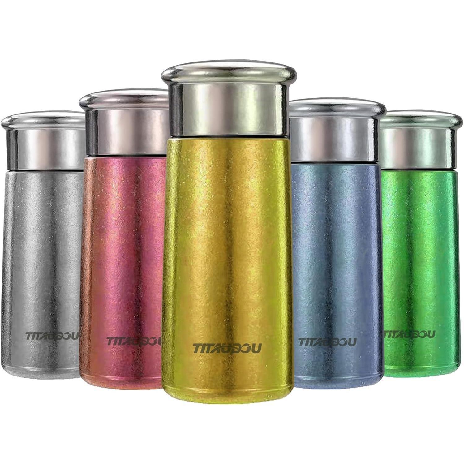 Set of vacuum insulated titanium water cups: silver, pink, gold, light blue, and green