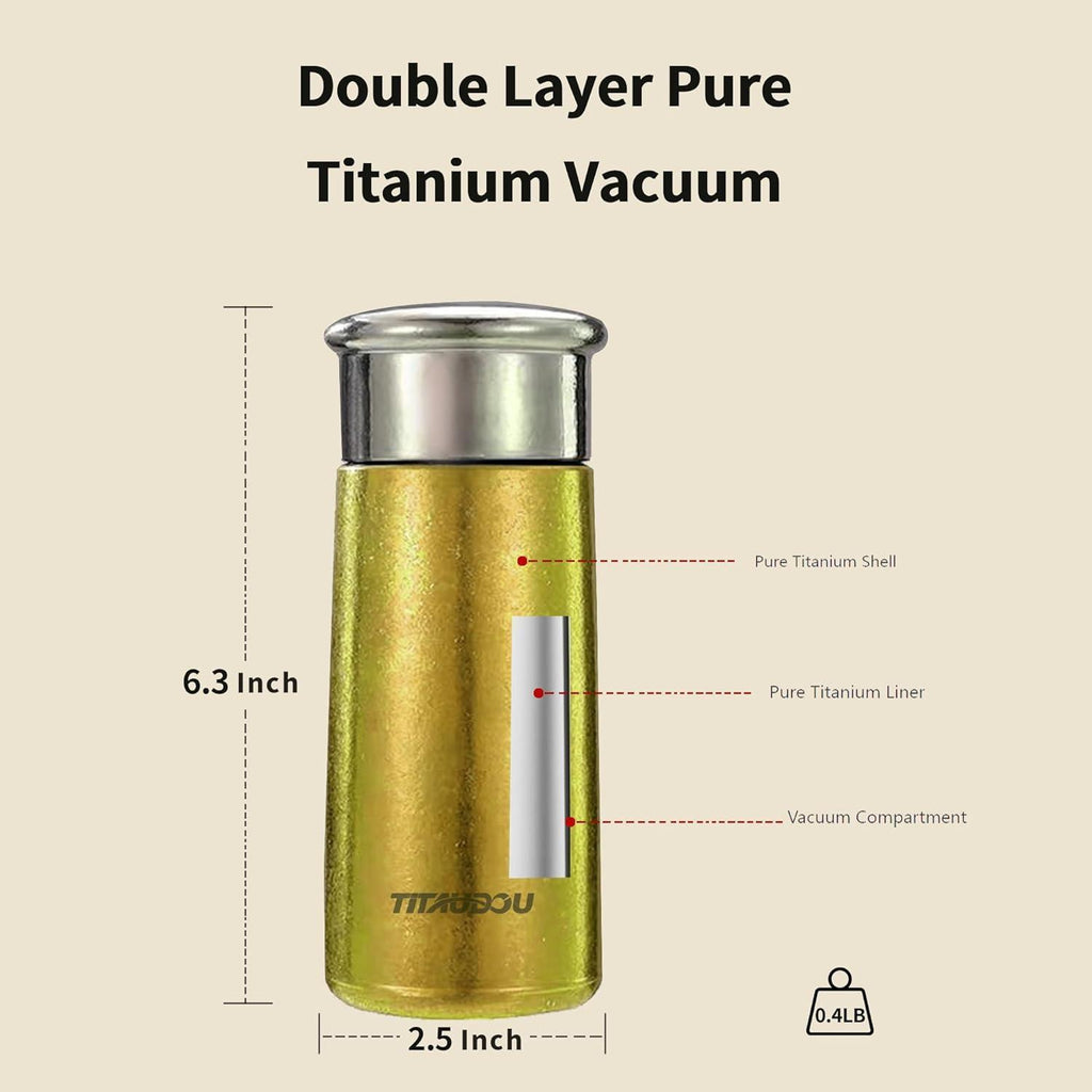 Gold vacuum insulated titanium water cup with stainless steel lid, double-wall body