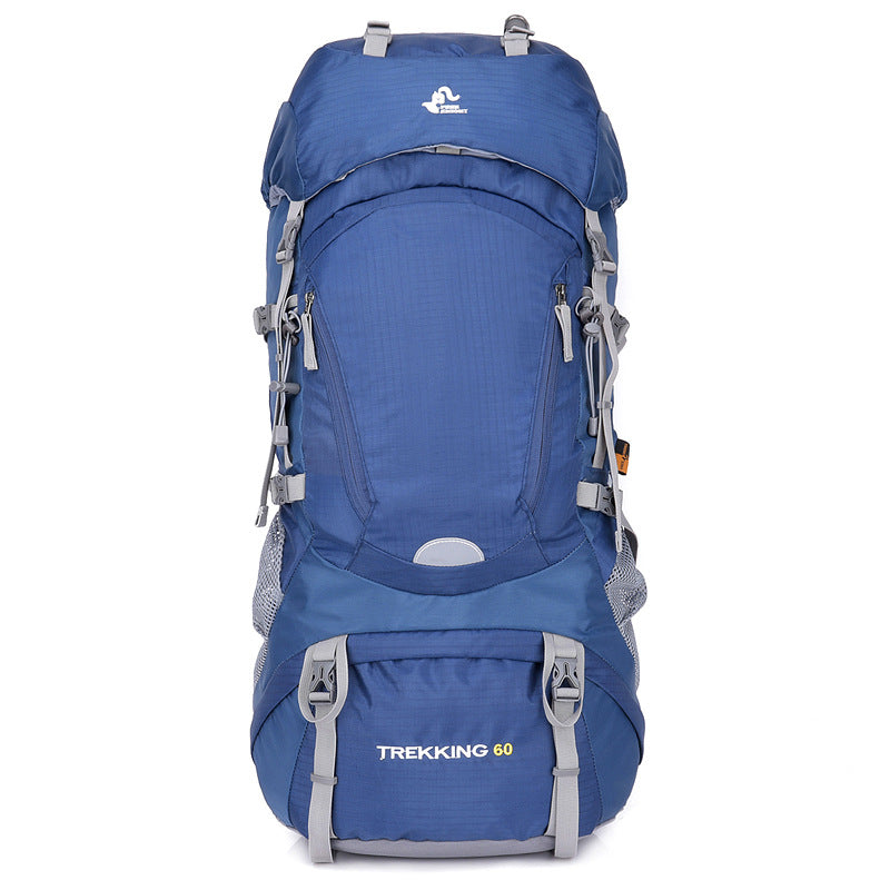 Blue hiking backpack with front pocket, side straps, and mesh shoulder support
