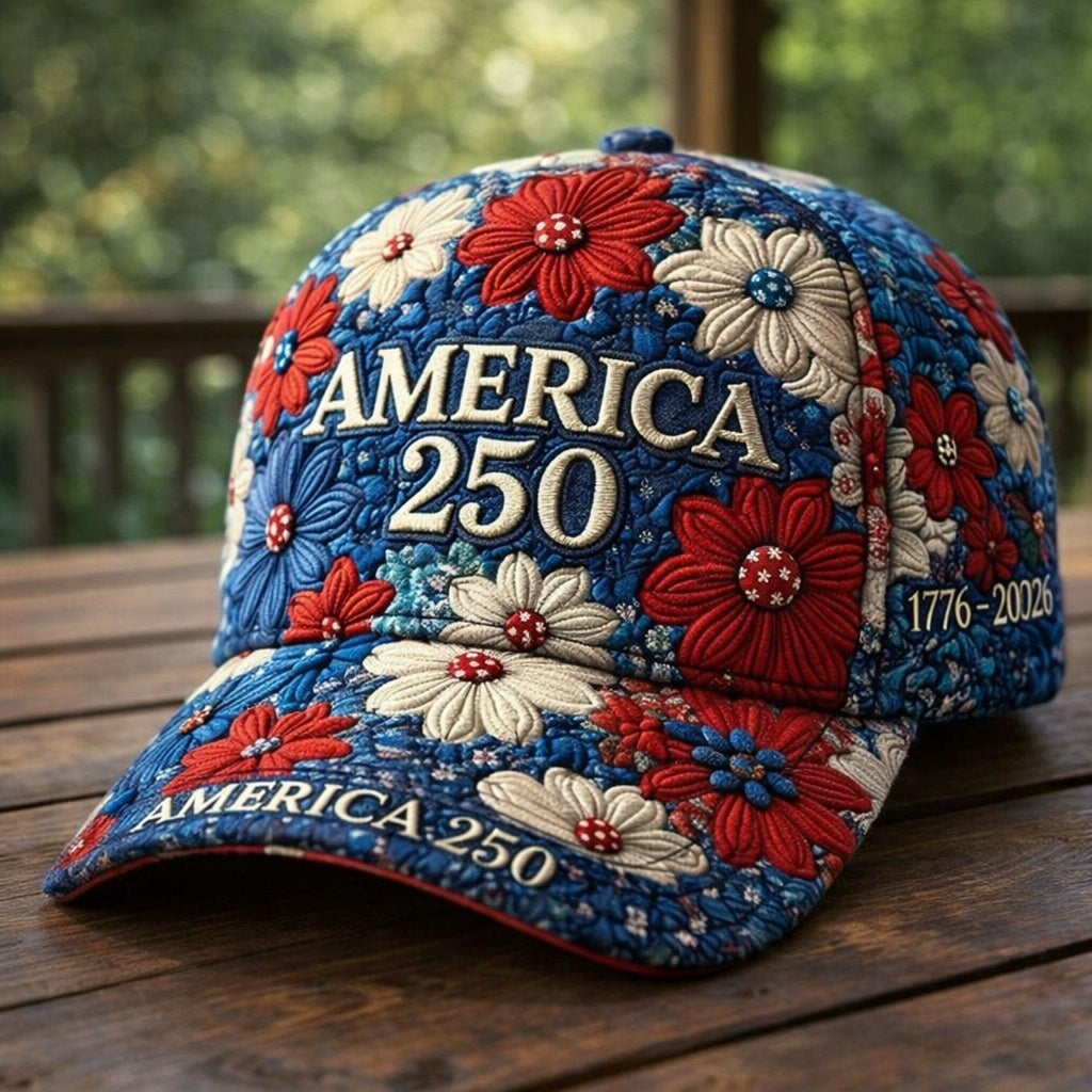 Blue floral baseball cap with “AMERICA 250” and “1776–2026” patch detail