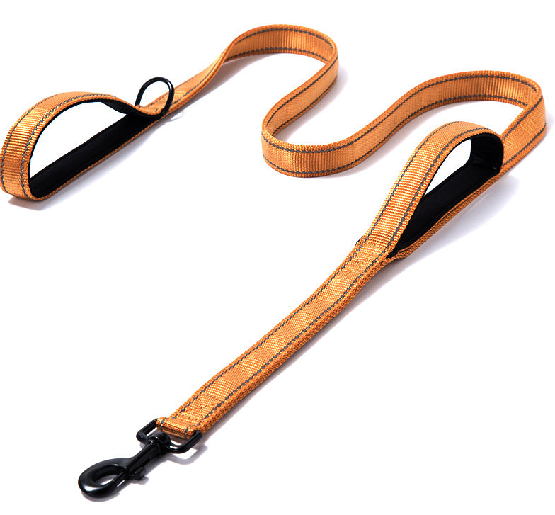 Double-handle dog leash with reflective accents, orange nylon webbing and metal clips