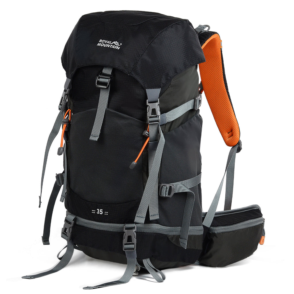 Hiking backpack 35L black with harness straps and grey bottom pocket
