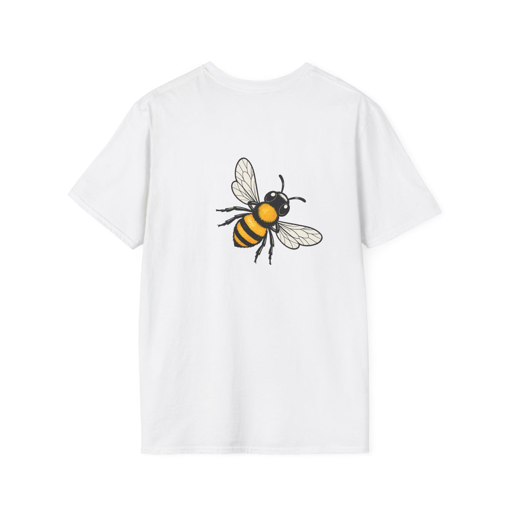 White t-shirt with yellow striped bee illustration on chest