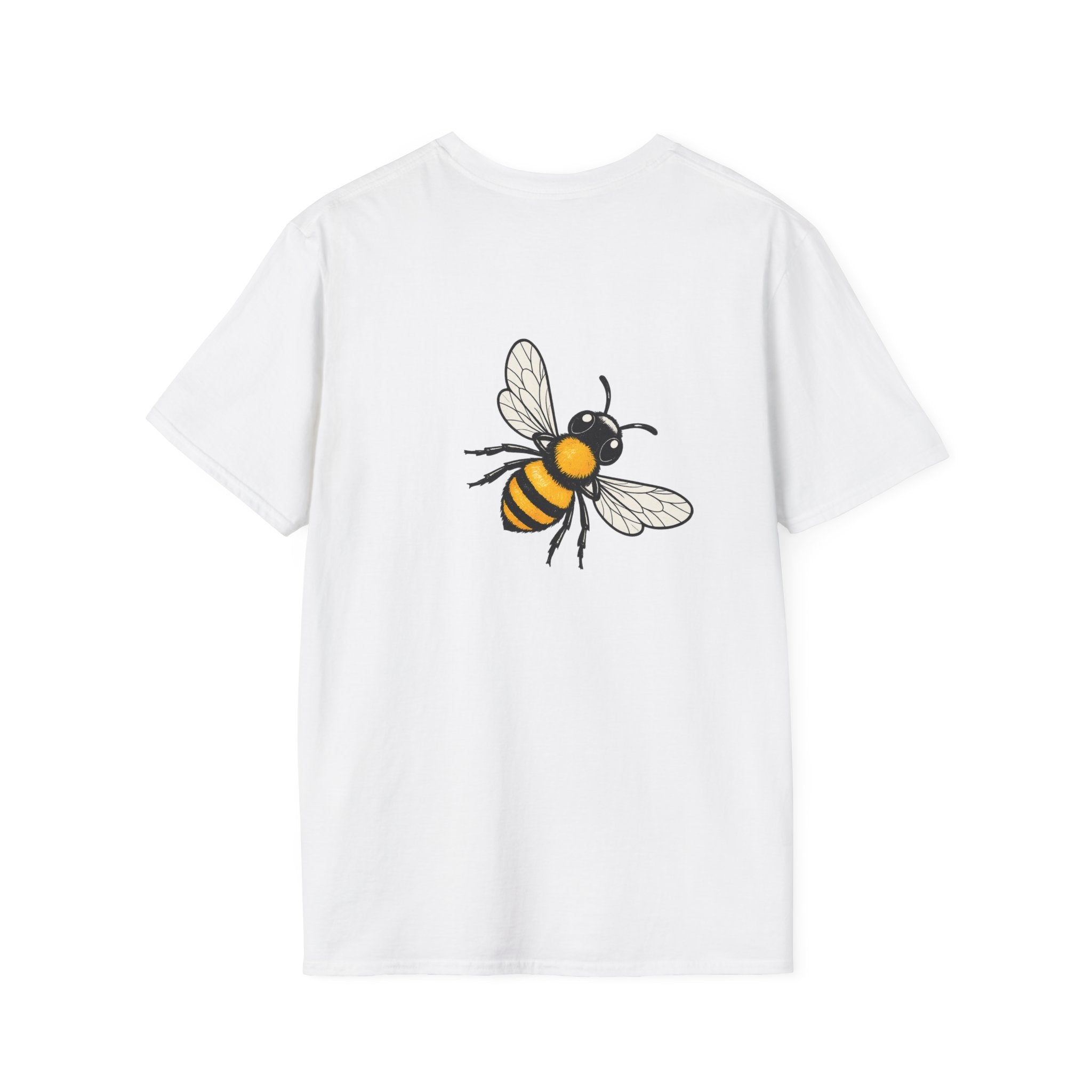 White t-shirt with yellow striped bee illustration on chest
