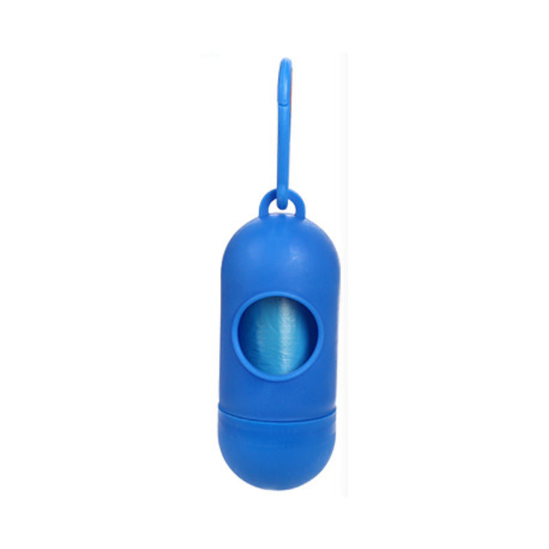 Blue dog waste bag dispenser with clip, cylindrical case with bag opening
