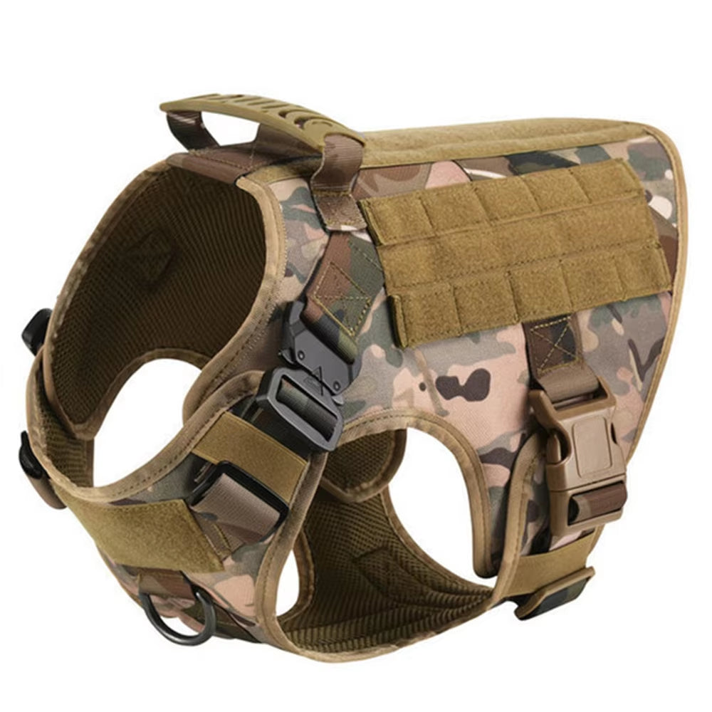 Tactical nylon dog harness in camouflage with padded chest panel and adjustable webbing straps
