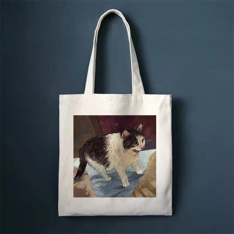 Canvas tote bag with standing cat illustration, square front print and long handles