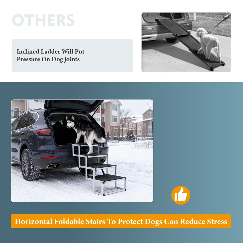 Foldable dog ramp with dark non-slip steps extended from SUV trunk