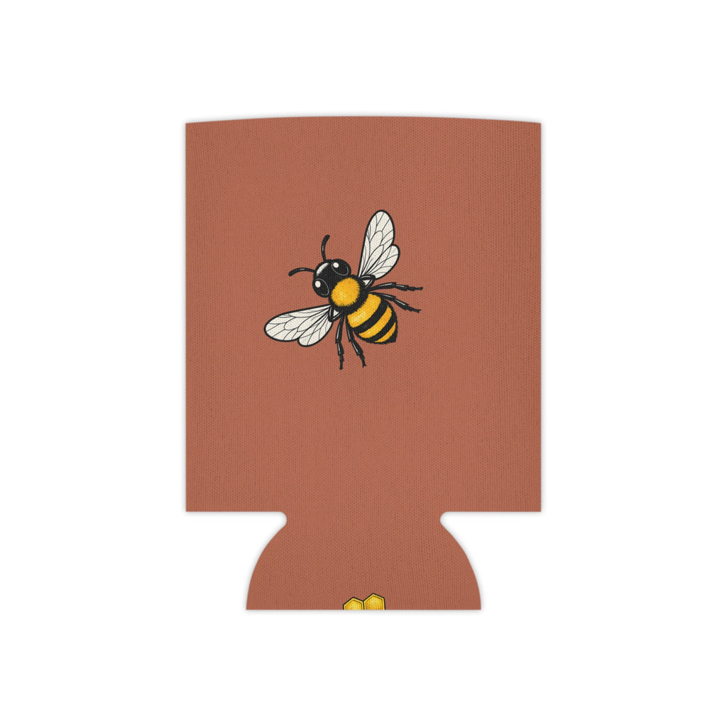 Rust can cooler sleeve with centered bee illustration on front