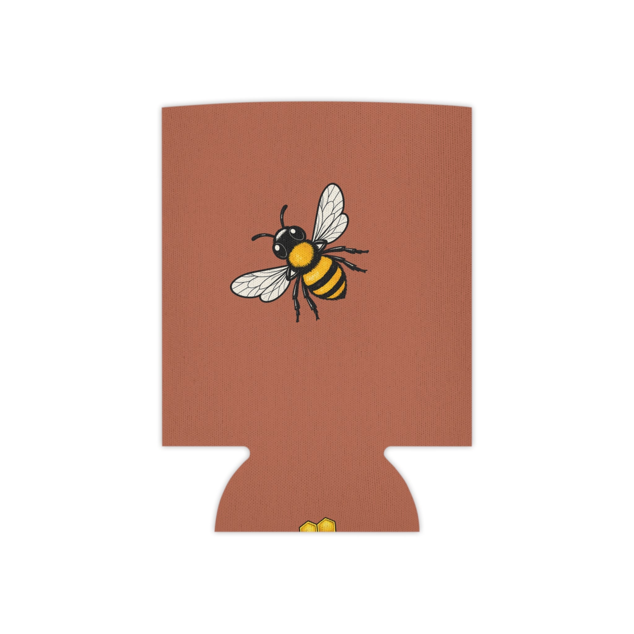 Rust can cooler sleeve with centered bee illustration on front