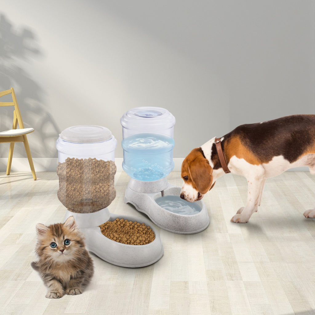 Gravity pet water dispenser with clear reservoir and light gray dual-bowl base