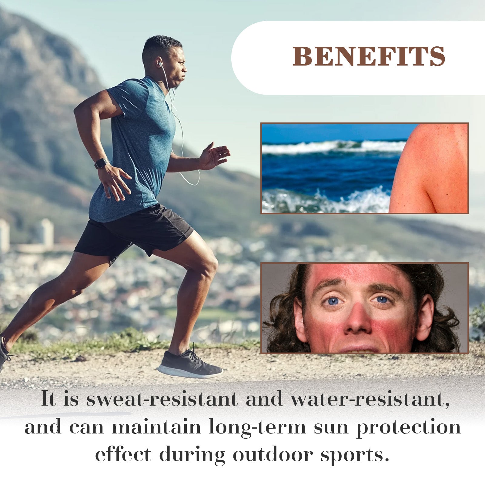 SPF 50 sunscreen benefits panel: sweat- and water-resistant sun protection outdoors
