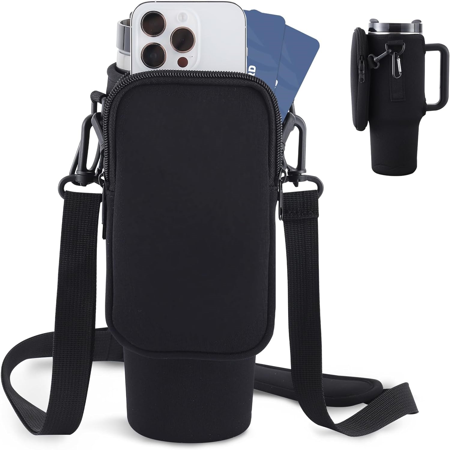 Neoprene tumbler holder bag with zip front pocket and adjustable strap, black