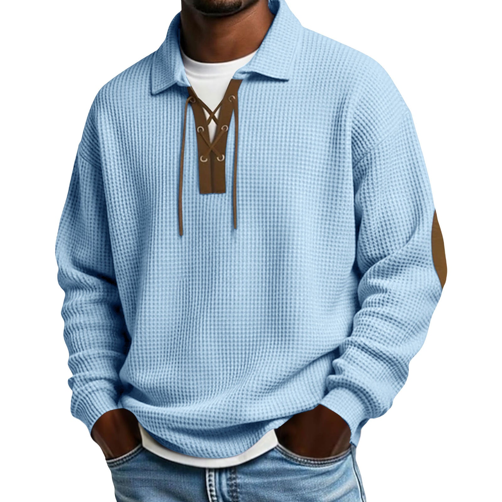 Men's oversized knit sweatshirt, light blue collared hood with drawstrings