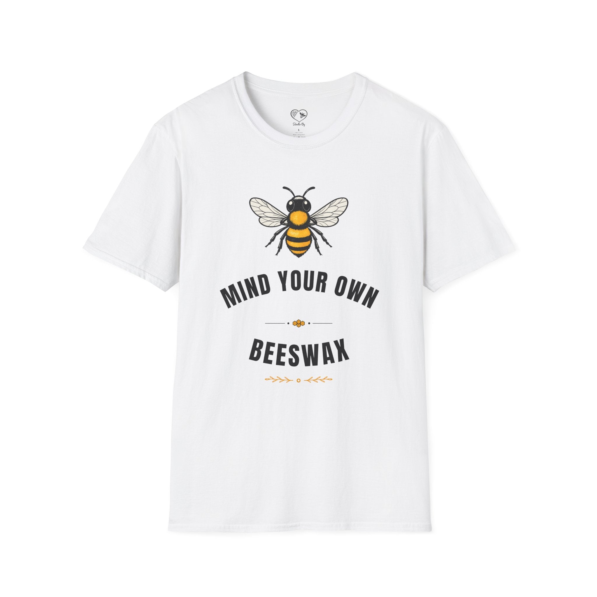 White t-shirt with small bee graphic and "MIND YOUR OWN" and "BEESWAX" text on front