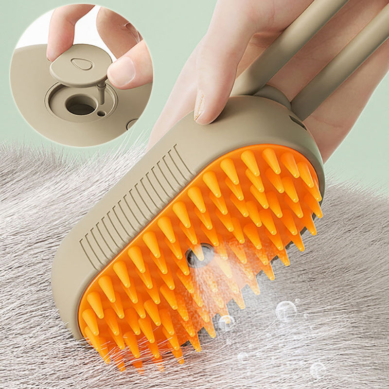 Milk brown handheld grooming brush with orange bristles and top control button