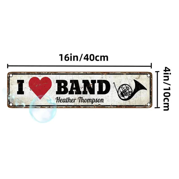 Vintage aluminum wall sign, 16in/40cm, 'I ♥ BAND' and 'Heather Thompson'