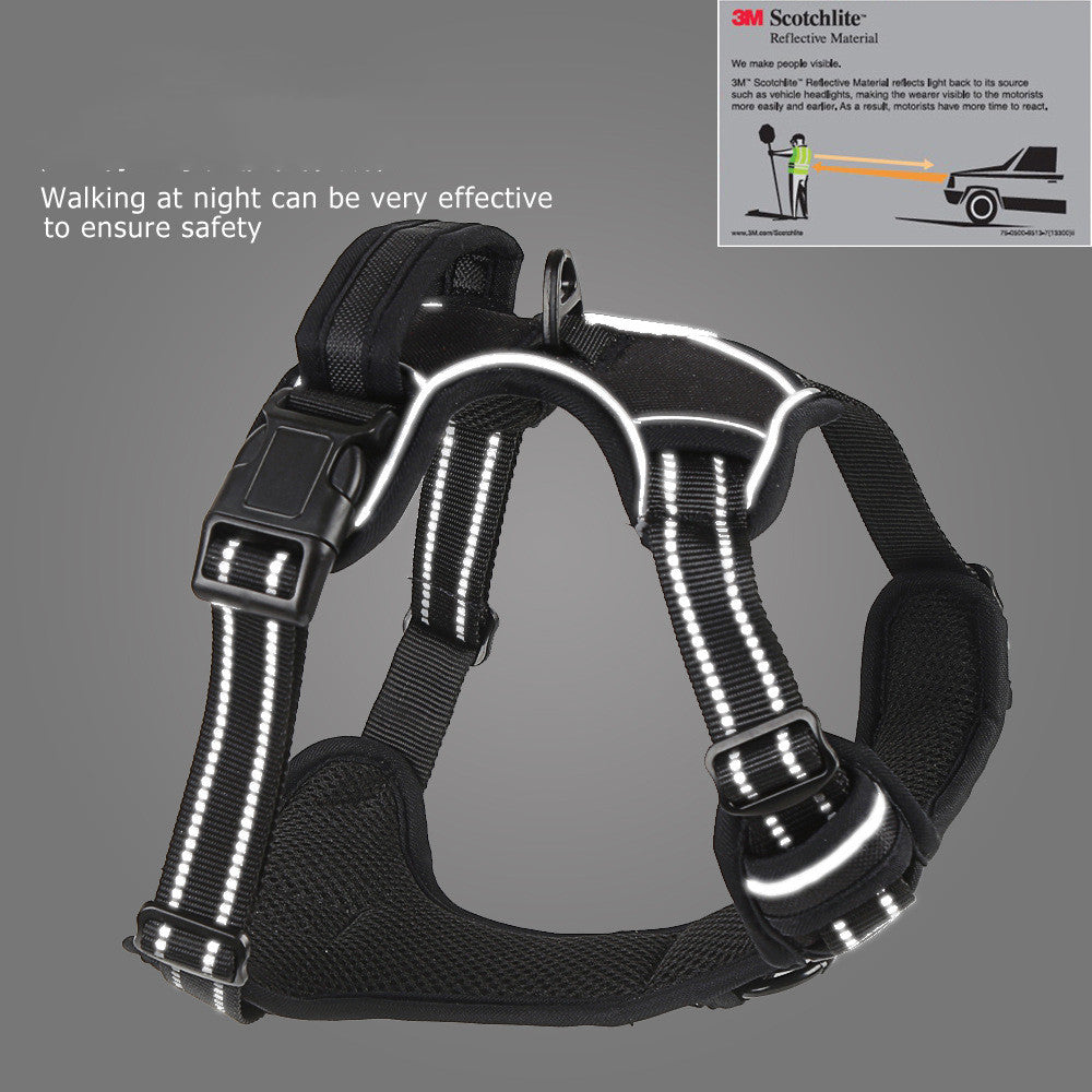 Black dog harness with reflective white stripe bands and adjustable front straps