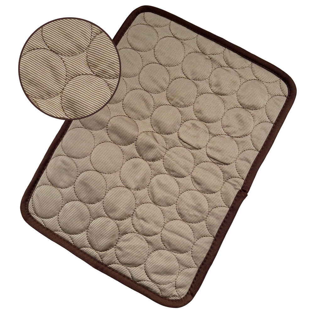 Beige cooling pet mat with dark brown border, round bubble-texture surface