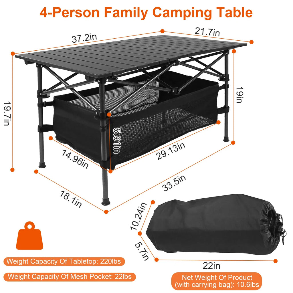 4-person folding camping table diagram with mesh pocket and carrying bag