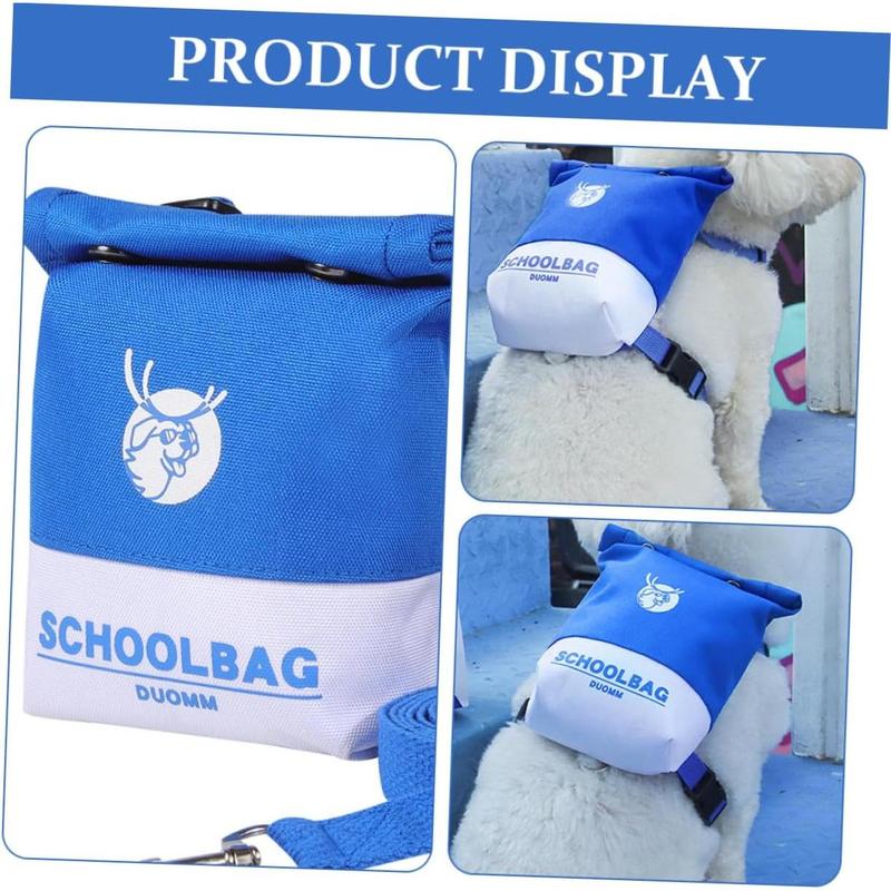 Blue dog backpack harness with logo, shown with dog-wearing views on display card