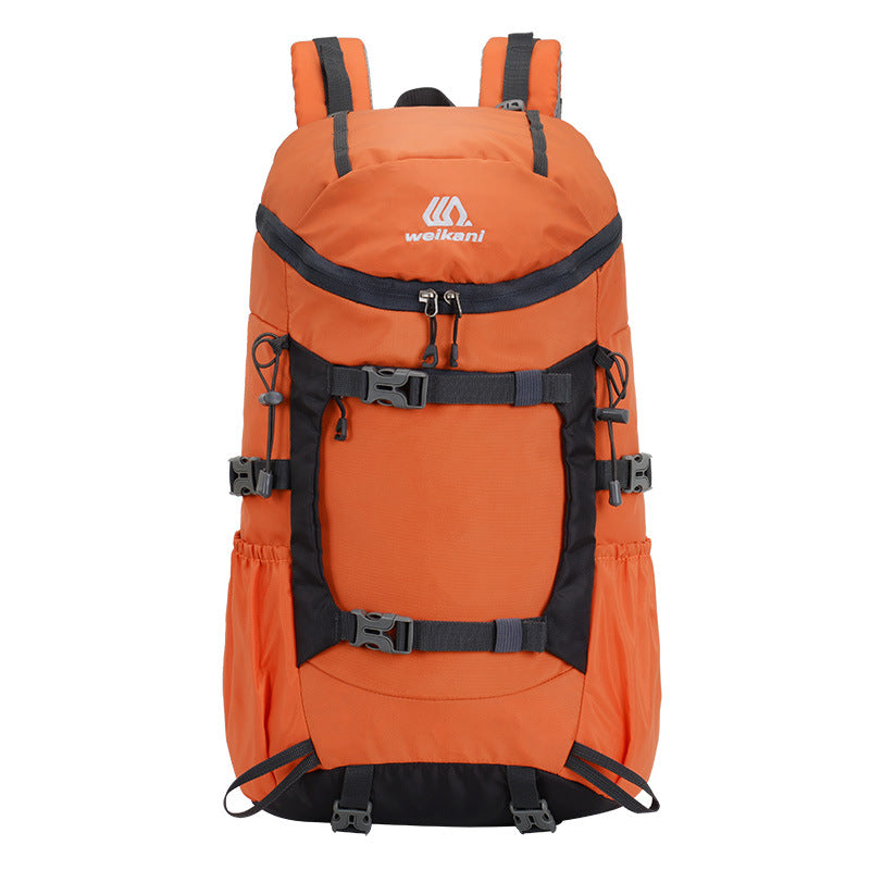 Orange hiking backpack front view with top zip pocket and multiple buckles