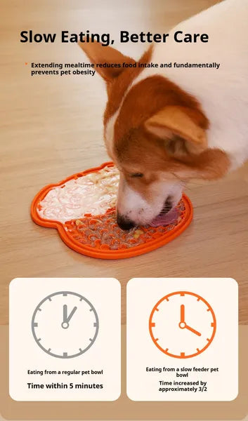 Slow feeder lick mat with orange edge and textured surface; dog licking.