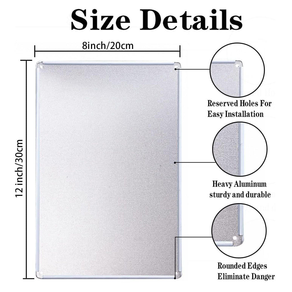 Tinplate wall sign size diagram, 12x8 in, rounded edges, reserved hanging holes