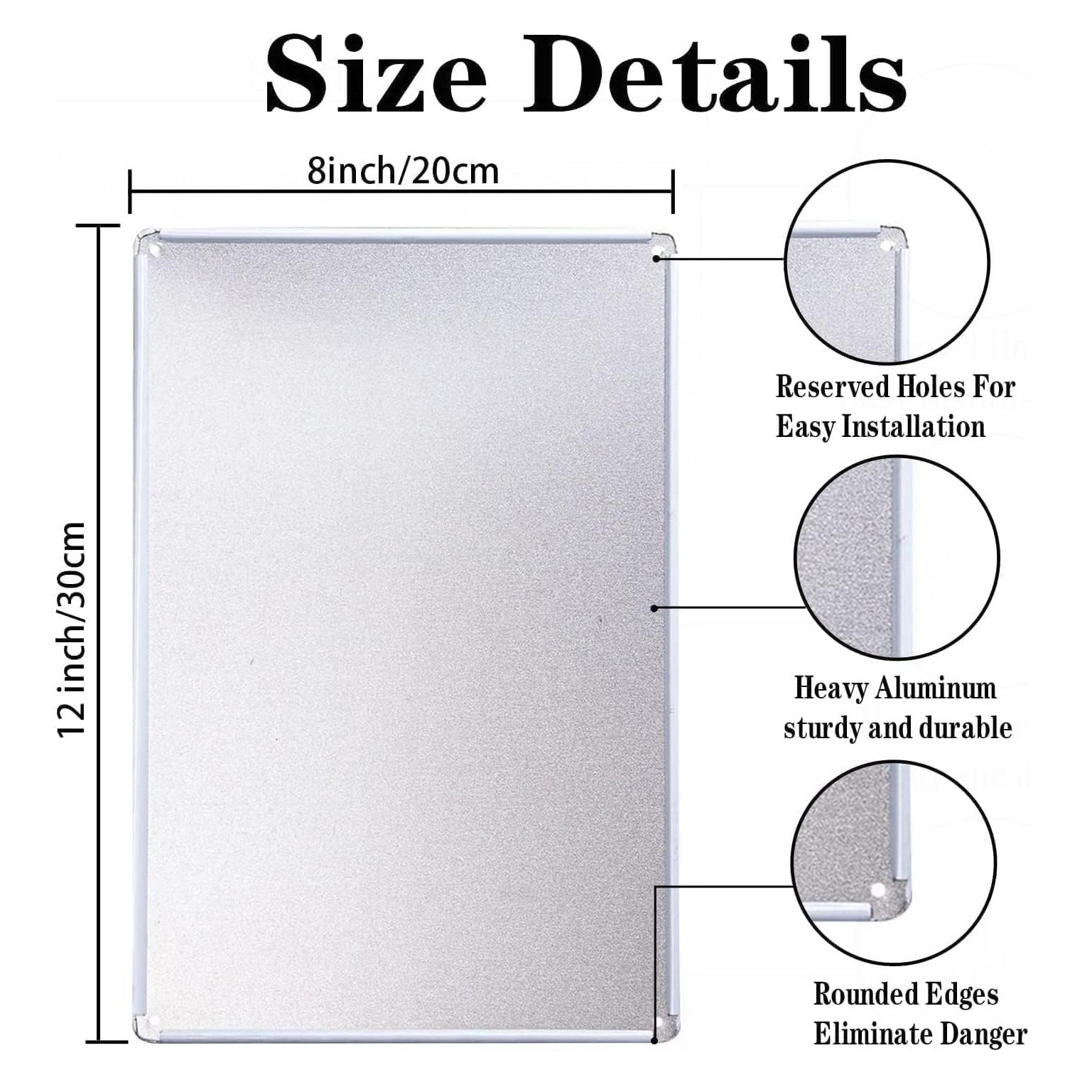 Tinplate wall sign size diagram, 12x8 in, rounded edges, reserved hanging holes